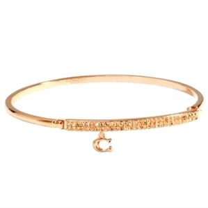 Coach Bar C Charm Pave Hinged Bangle Bracelet Rose Gold